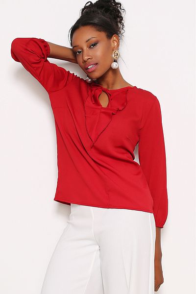 AVORWE Three-Quarter Sleeve Blouse with Ruffle Collar Detail