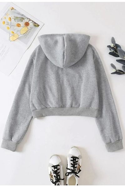 FEMELLE Women's Gray Hooded Zippered Crop Cardigan