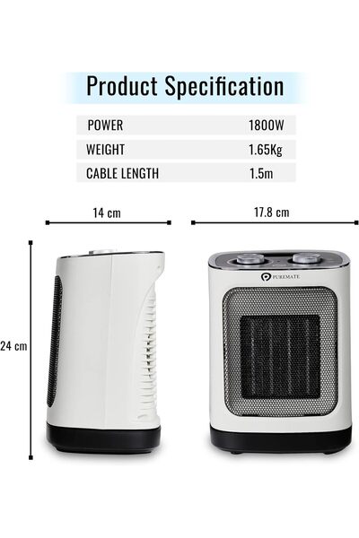 PureMate Seramik Fanlı Isıtıcı, 2 Isıtma Ayarlı 1800W Taşınabilir Elektrikli Isıtıcı