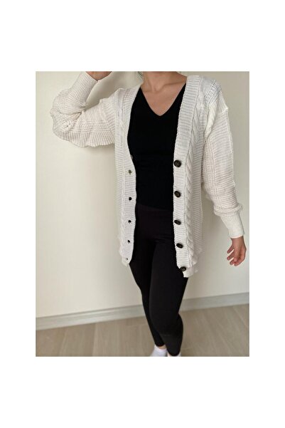 BEES Butikk Oversize Basen Kapatır Örme Hırka Beyaz