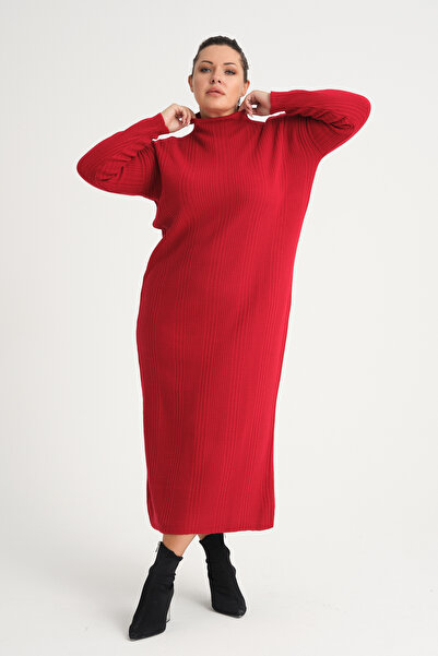 garajmood Kırmızı Yarım Balıkçı Yaka Triko Büyük Beden Elbise
