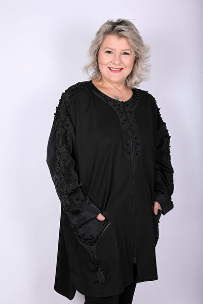 Hitit Butik İnci İşlemeli Güpürlü Siyah Abiye Ceket