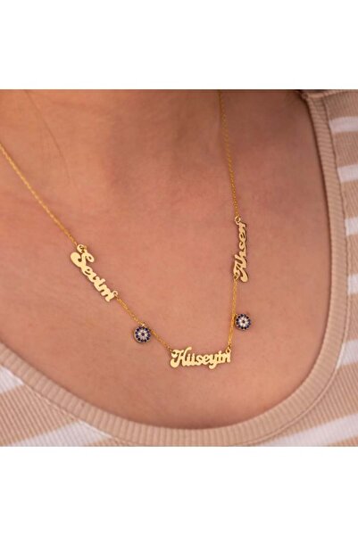 GÜMÜŞ Kişiye Özel Nazarlı Üç İsimli Altın Kaplama Gümüş Kolye