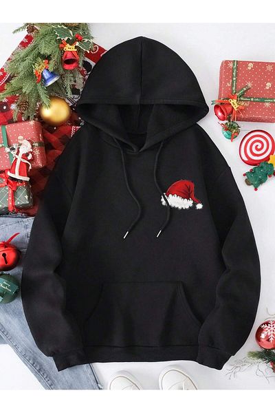 Serbella New Year Christmas Printed Unisex Kangaroo Pocket Hooded Sweatshirt Hoodie