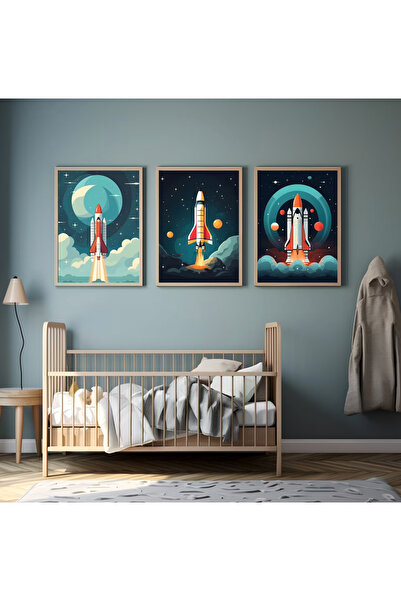 fabriflow exclusive Uzay İllüstrasyonlu Temalı Çocuk Odası 3'lü Tablo Set