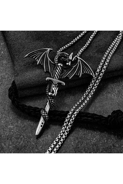 Viking Gothic Dragon & Sword Witchcraft Stainless & Tarnish 316L Steel Unisex Necklace