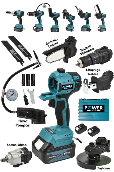 POWER BLACK 6 Lı Pro Set Tilki Kuyruğu Taşlama Somun Sökme Havalı Pompa Şarjlı Matkap Testere Mavi