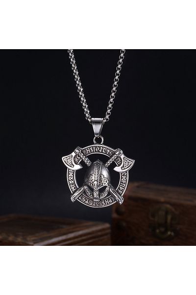 Viking Helmet & Ax with Scandinavian Runic Inscription - Stainless & Tarnish Resistant 316L Steel Men's Necklace - Small Size