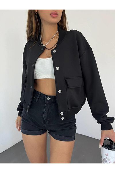 MsLena Butik Jachetă bomber pentru femei, cu gât crew, cu închidere cu apăsare, cu buzunare