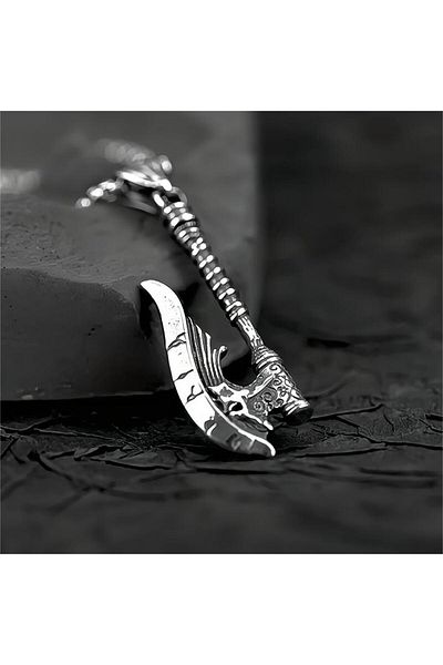 Viking Gothic Runic Inscribed Skull Ax Design Scandinavian Stainless & Tarnish Stainless 316L Steel Men's Necklace