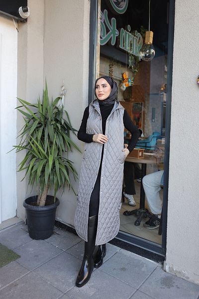 MASSMİZO Women's Hooded Slit Detailed Long Filling Vest