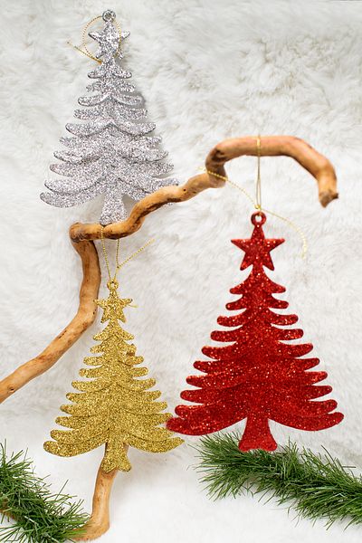 Waldern 3 bucăți de pin cu sclipici Ornament pentru brad de pin de Anul Nou argintiu-roșu 15*10 cm