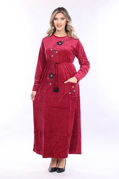 mervemoda Γυναικείο βελούδινο μακρύ φόρεμα με κέντημα μπορντό