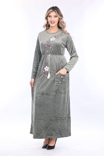 mervemoda Women's Khaki embroidery detailed velvet long dress