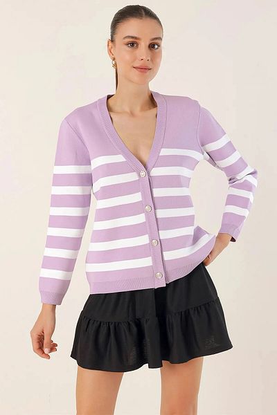 hazelin Women's Lilac Striped V-neck Relaxed Cut Knitwear Cardigan HZL24W-BD1102151