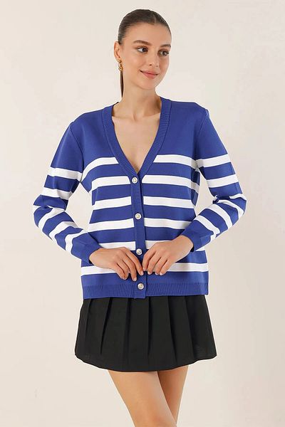hazelin Women's Navy Blue Striped V-Neck Relaxed Cut Knitwear Cardigan HZL24W-BD1102151