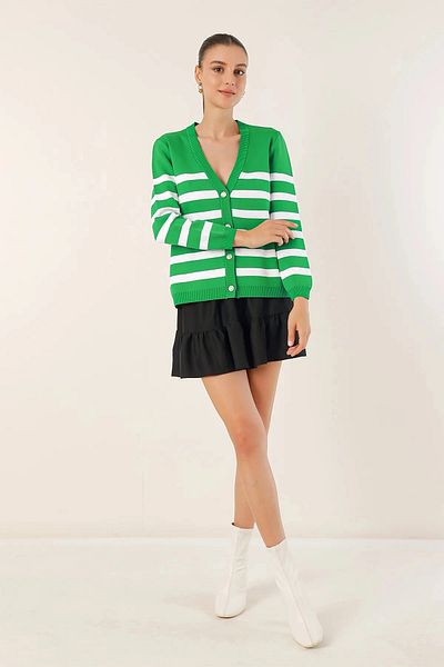 hazelin Women's Green Striped V-Neck Relaxed Cut Knitwear Cardigan HZL24W-BD1102151