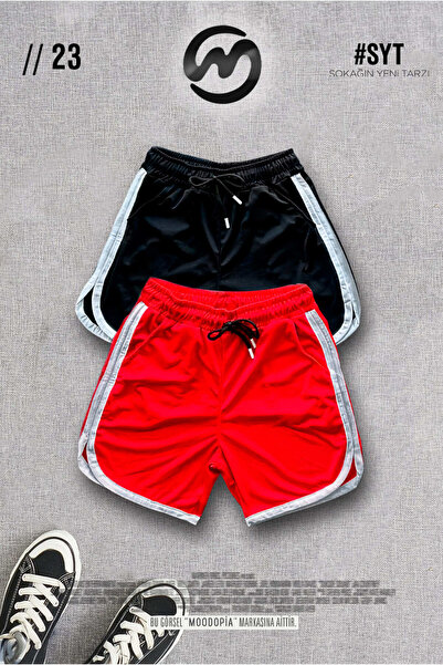 Moodopia Siyah Kırmızı Basketbol Antrenman Fitness Erkek Spor Şort 2'li Set