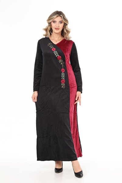 mervemoda Γυναικείο βελούδινο φόρεμα με κέντημα με μαύρο πέτο