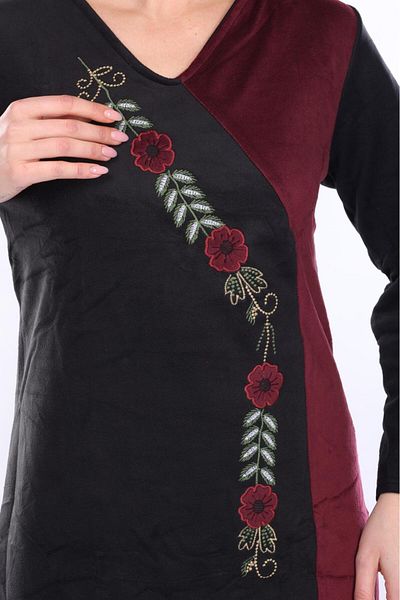 mervemoda Women's Burgundy Collar Embroidery Detailed Velvet Dress