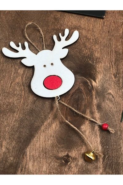 Masalsı Concept New Year Tree Wooden Deer Christmas Ornament 3 Pieces Red Nose Handbell and Beaded Deer