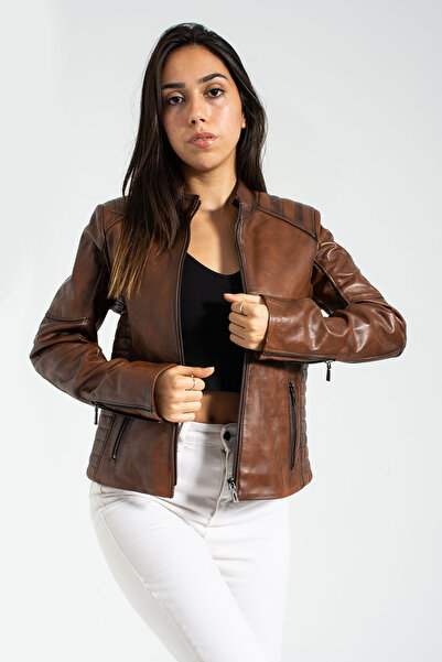 Genel Markalar Hakiki deri Taba Renk fermuarlı deri ceket baskılı