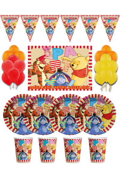 P PARTİ ALEMİ Winnie The Pooh Afişli ve Flamalı 16 Kişilik Doğum Günü Parti S...