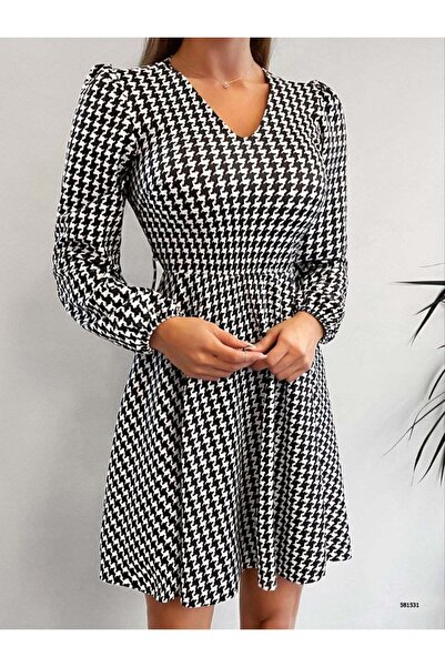 ModaLy Moda Elastično Krep Tkanina - Houndstooth Sa deznom , Dugi rukav Zvona...