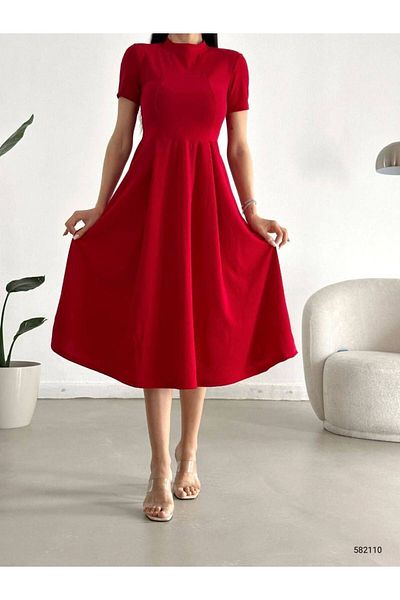 ModaLy Moda FLEXIBLE CREPE FABRIC RED COLOR HALF TURTLETON NECK SHORT SLEEVE HIDDEN POCKET EVENING DRESS GL-624 582110