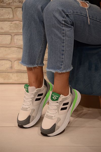 Isy WOMEN'S WHITE GRAY GREEN LACE-UP THICK SOLE SPORTS SHOES
