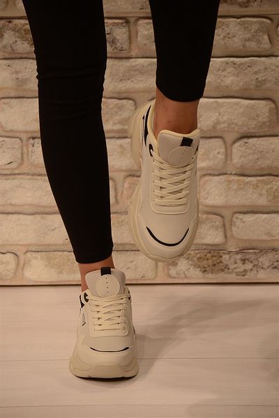 Isy Women's Cream Black Lace-Up Mesh Thick Sole Sports Shoes