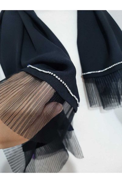 AGH Değerli Hediyeler Σάλι σιφόν μαύρου κρεπ πολυτελείας - Πιέτα με πέτρινη λεπτομέρεια