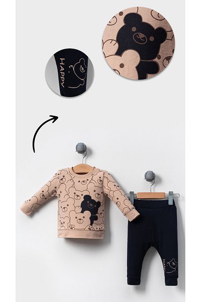Bubito Happy Bears Patterned Cotton Baby Bottom and Top Set-brown