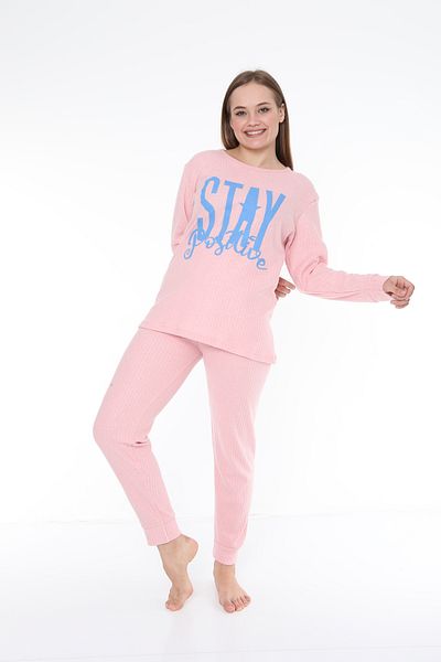 FAMES PİJAMA Stay Positive Raised Interlock Fabric Long Sleeve Women's Pajama Set