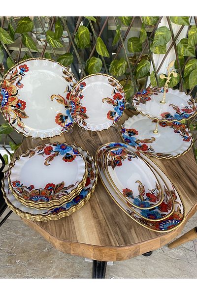 GÜRCÜGLASS طقم إفطار 17 قطعة زهرة بيضاء ذهبية