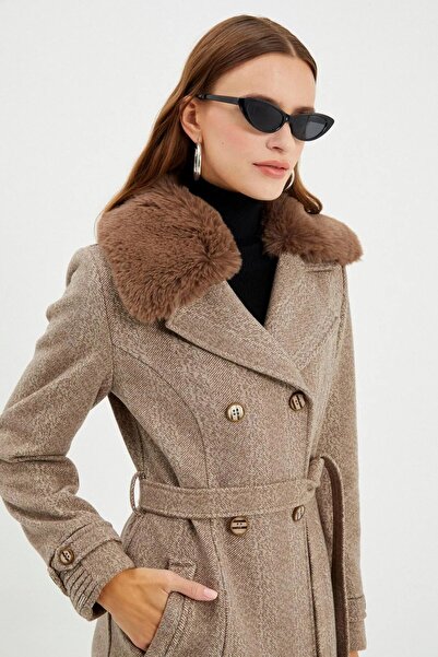 Zühre Mink Stamp Coat - Double Breasted Collar and Fur Detail 13114