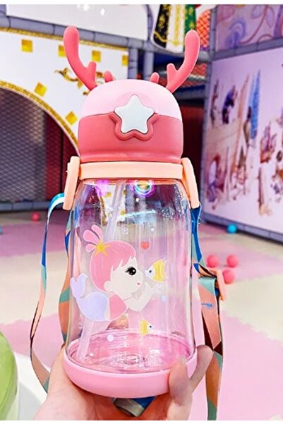 Kitchen Beauty Geyikli Çocuk Suluğu Su Matarası Bpa Içermez Okul Suluğu Taşıma Pipetli Kayışlı Damlatmaz 500 Ml