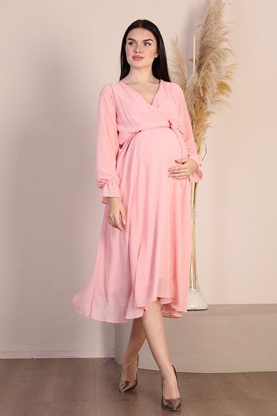 Azra Style Φόρεμα σιφόν φόρεμα μητρότητας με διπλό κολάρο με ζώνη σε σκόνη Night Stylish Powder
