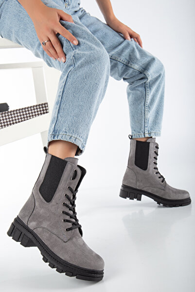 LULO Kadın Bot Lastikli İpli vizon süet Şık Tarz Feminen 2,5 cm Deri Termo Kaymaz Taban Siyah