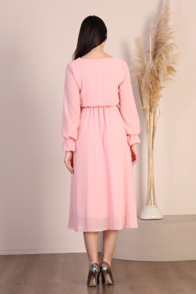 Azra Style Hamile Kruvaze Yaka Kuşaklı Pudra Şifon Elbise Trend Gece Şık Pudra