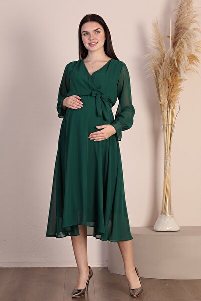 Azra Style Kadın Hamile Kruvaze Yaka Kuşaklı Zümrüt Yeşili Şifon Elbise Trend Gece Şık