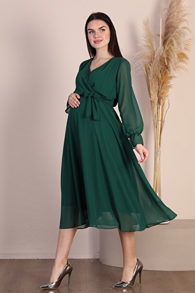 Azra Style Kadın Hamile Kruvaze Yaka Kuşaklı Zümrüt Yeşili Şifon Elbise Trend Gece Şık