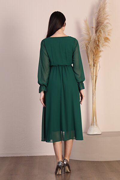 Azra Style Kadın Hamile Kruvaze Yaka Kuşaklı Zümrüt Yeşili Şifon Elbise Trend Gece Şık