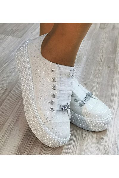 Ayakkabı Tutkusu Stilo ® Pantofi de mireasă sport Detalii perle Produs de calitate cu sclipici White Pearl Platform Sports