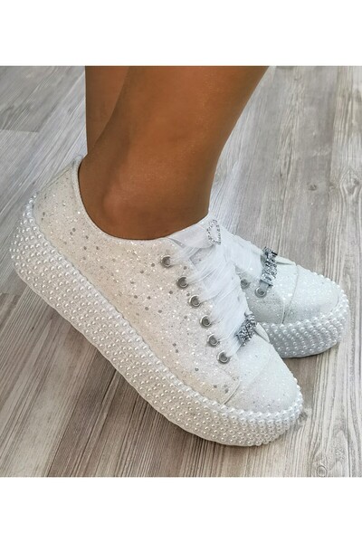 Ayakkabı Tutkusu Stilo ® Спортивні весільні туфлі з перлинними деталями Блиск Якісний продукт Білі перлинні платформи Спортивні