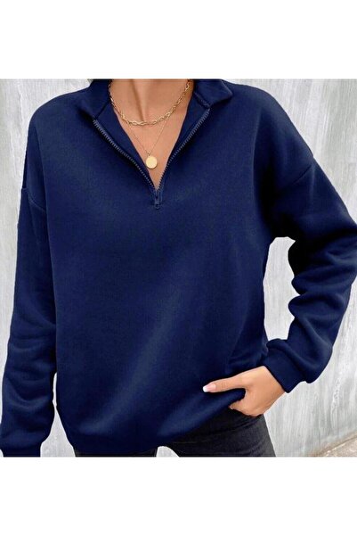 trendgar plain navy blue half zippered high neck sweater
