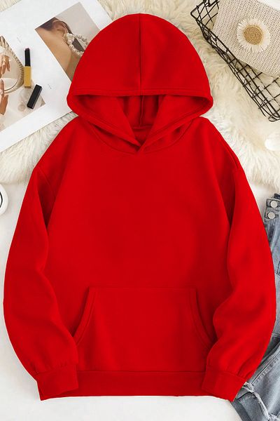 mw memowear Unisex 2ip Raised Tıred Every Day Red Oversize Sweatshirt