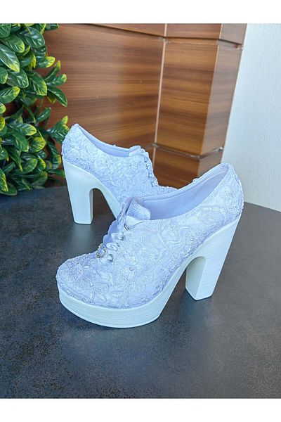 Ayakkabı Tutkusu Stilo ® Heeled Bridal Shoes White Appliqued Comfortable Inner Cushion White Handmade Special Design 12cm