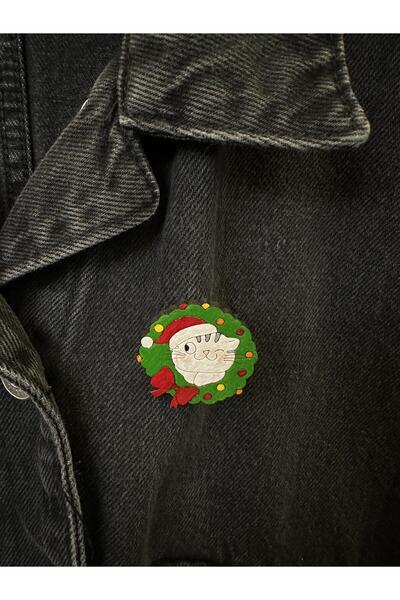 gokmentoy Kedi Noel Taç Süs Yılbaşı Temalı Ahşap El Boyaması Broş