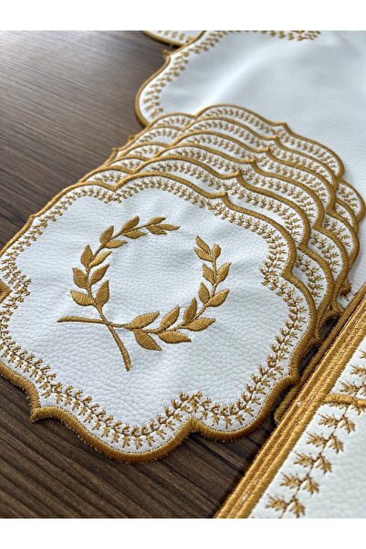 Bonny Home Başak Krem Gold 8 Kişilik 25 Parça Masa Örtüsü Nakışlı Deri Runner Seti Yemek Sunum Takımı